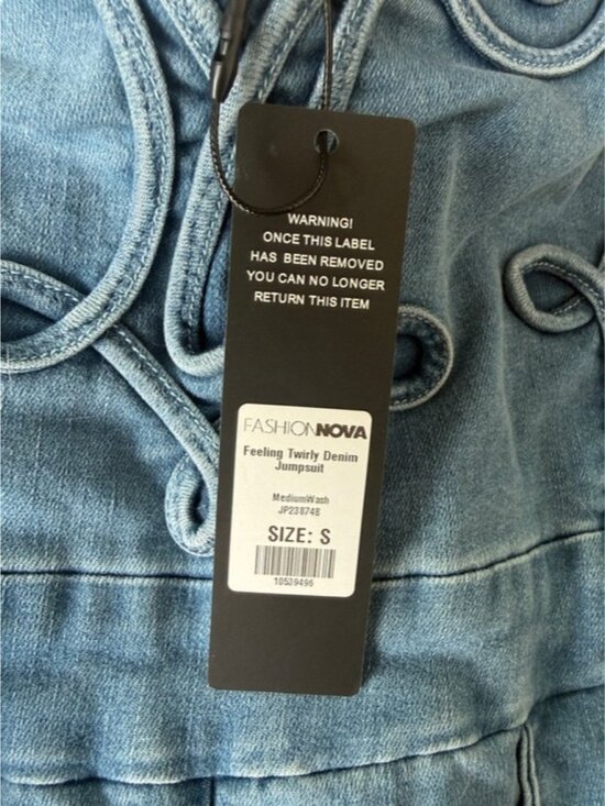 Fashion Nova Feeling Twirly Denim Jumpsuit Medium Wash Small Strapless Wide Leg - Picture 6 of 9